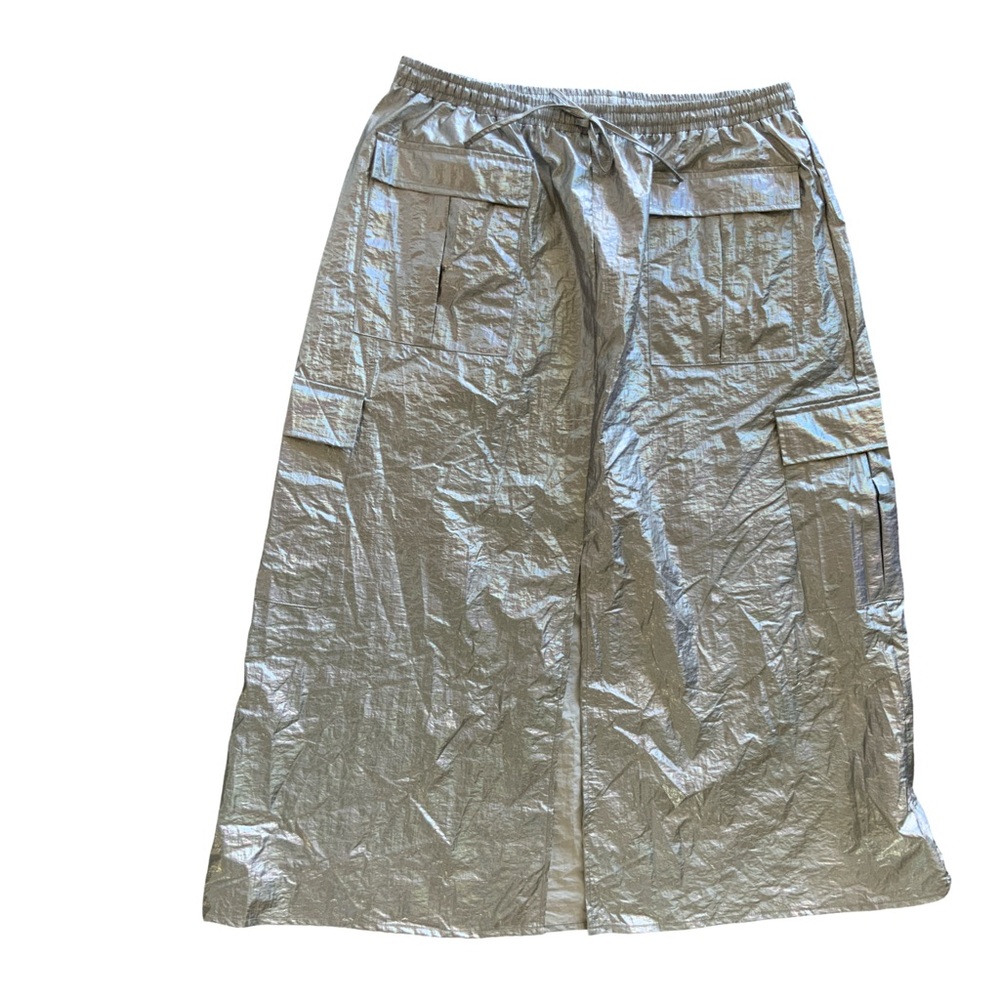 Anthropologie Metallic Shine Cargo Midi Skirt Silver Size L - Picture 2 of 6